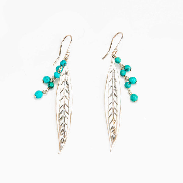 Sterling Silver Long Feather Earrings with Turquoise